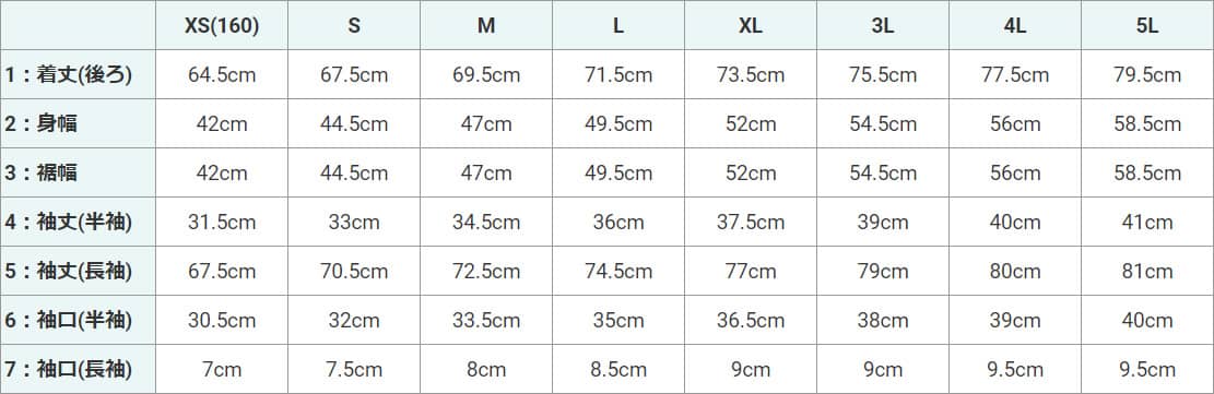 ハンドボール用レギュラーラグランシャツのサイズ表（XS、S、M、L、XL、3L、4L、5L）。