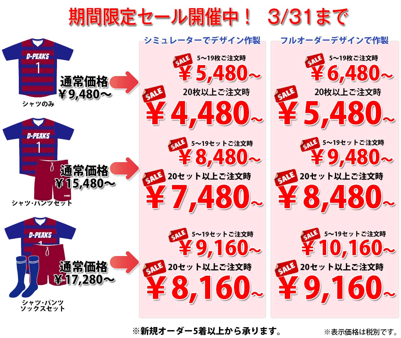 ハンドボールユニフォーム専門店のハンドセブンの2025年冬の特別価格表。ハンドボーラーのためのオリジナルオーダーユニフォームの値段です。