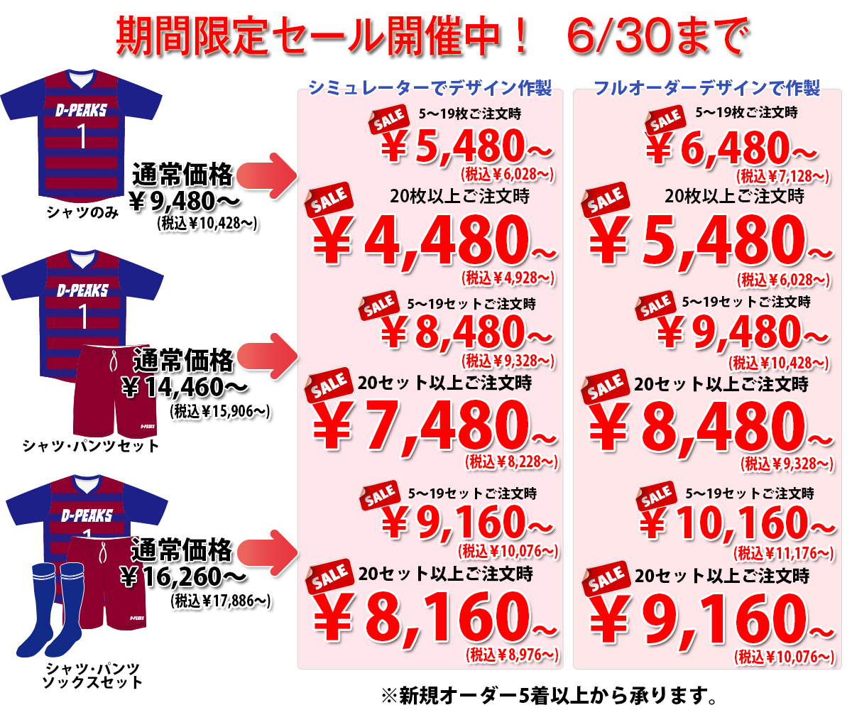 ハンドボールユニフォーム専門店のハンドセブンの2026年春のオリジナルオーダーユニフォームの特別価格表。