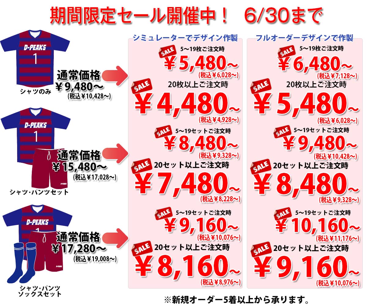 ハンドボールユニフォーム専門店のハンドセブンの2026年春のオリジナルオーダーユニフォームの特別価格表。